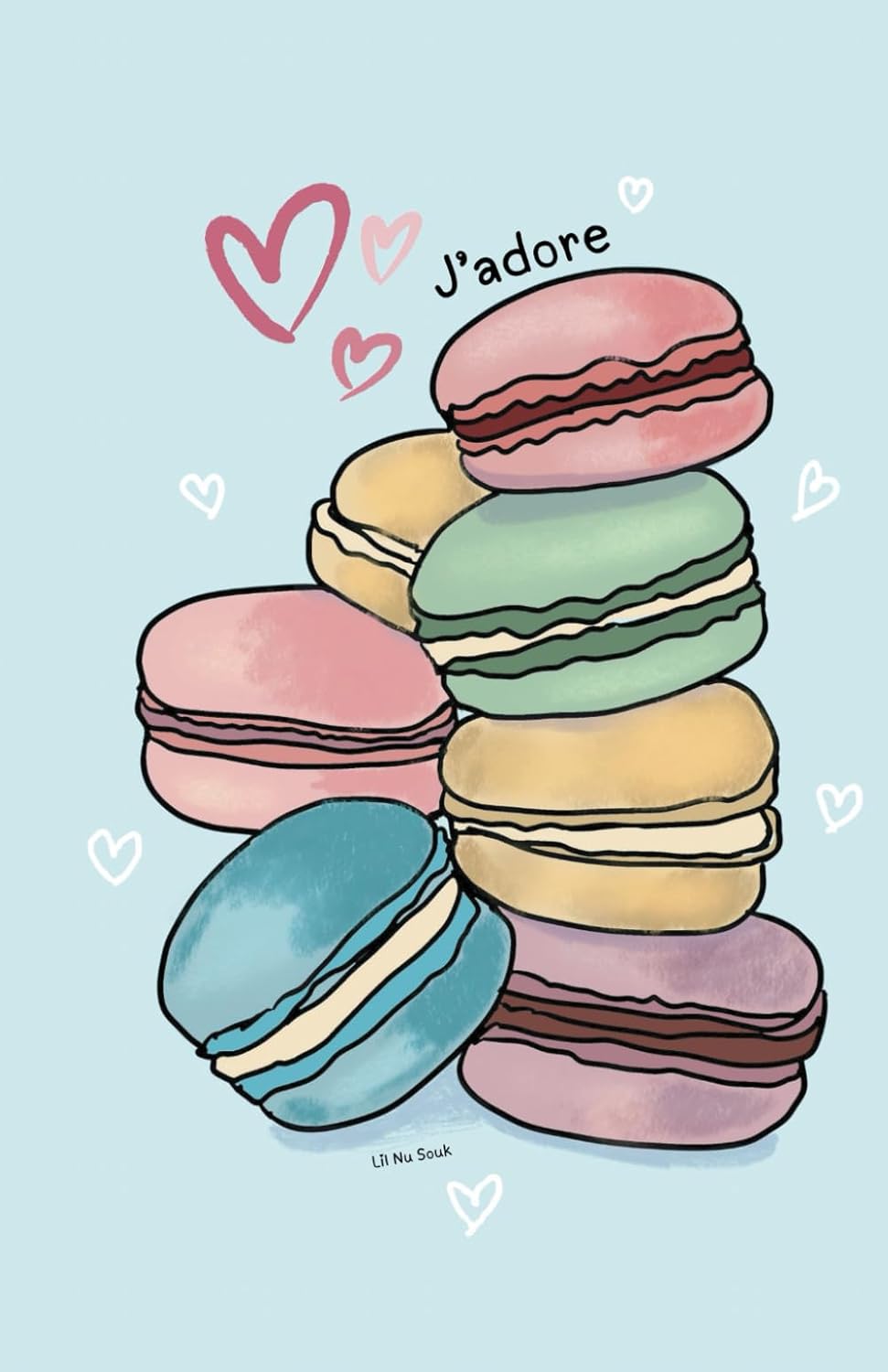 Macarons Notebook — a stack of pastel macarons against a light blue sky